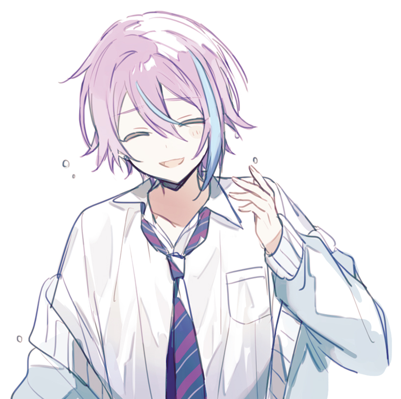 1boy, asymmetrical_sidelocks, blue_hair, breast_pocket, cardigan, closed_eyes, collared_shirt, diagonal-striped_clothes