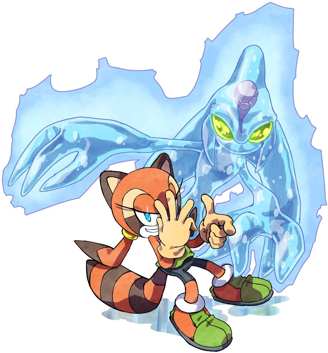 1girl, animal_ears, blue_eyes, brown_gloves, chaos_(sonic), commission, eyelashes, gloves