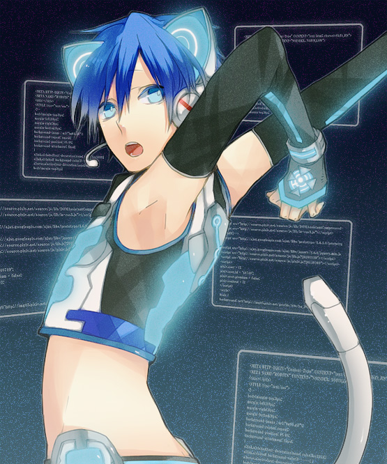 1boy, akio_(89e), animal_ears, arms_up, blue_eyes, blue_hair, cat_ears, catboy