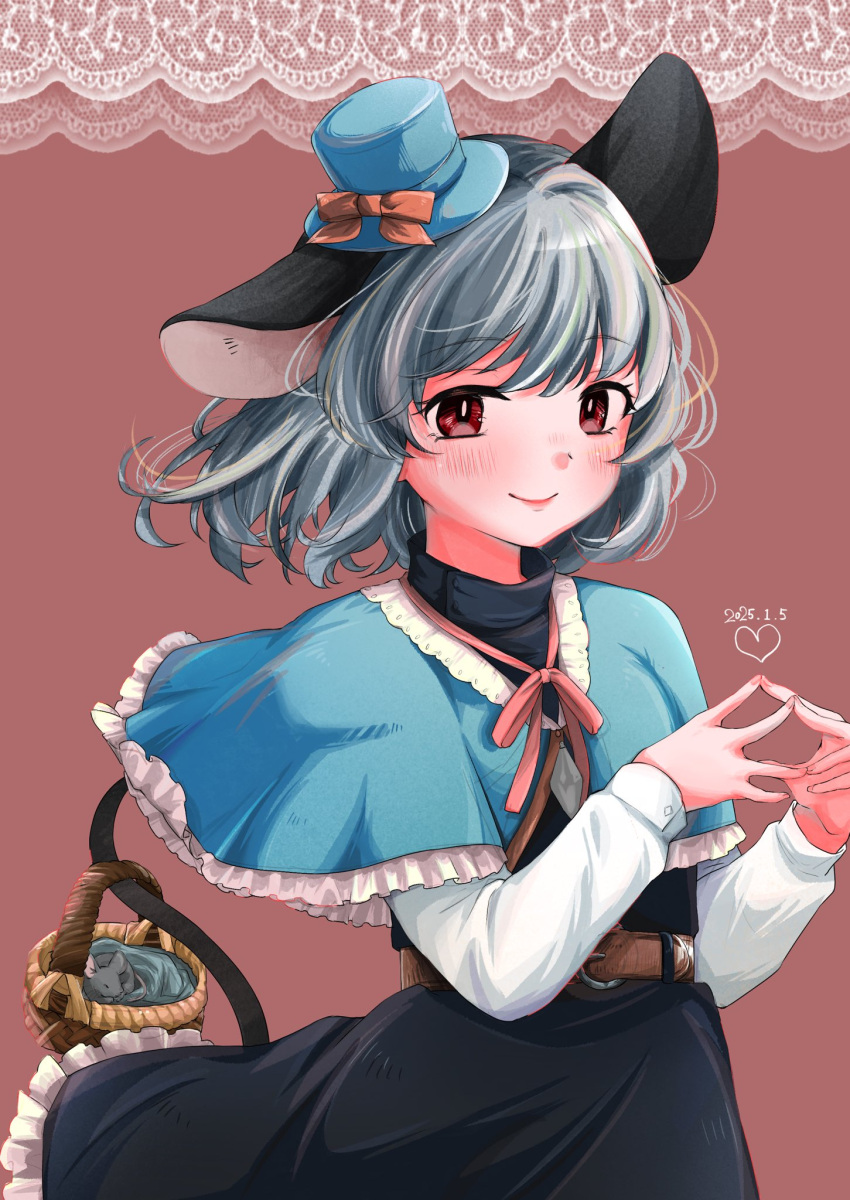 1girl, animal_ears, ari_don, artist_collaboration, basket, belt, black_skirt, black_vest