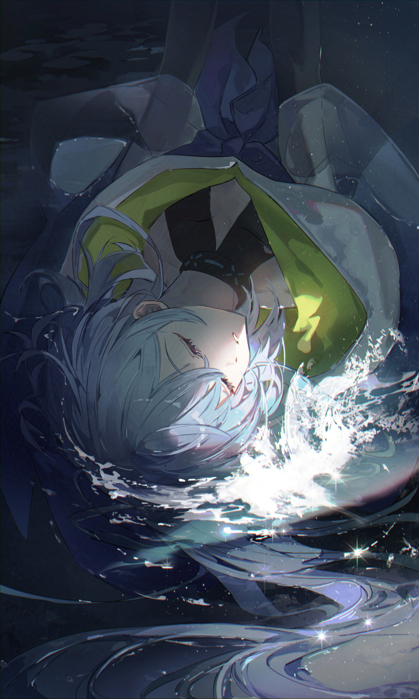 1boy, absurdres, arknights, blue_cloak, blue_hair, cloak, closed_eyes, commentary, floating_hair, highres, infection_monitor_(arknights), long_hair, lying, male_focus, mizuki_(arknights), partially_submerged, raincoat, see-through_clothes, see-through_raincoat, sleeping, solo, water, waves, xing_(gloryxing)