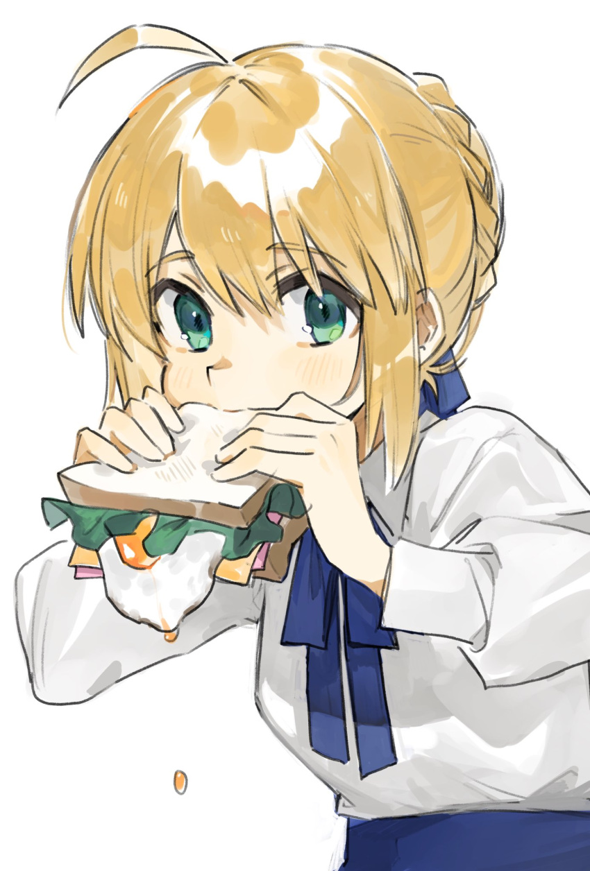 1girl, ahoge, artoria_pendragon_(fate), ascot, blonde_hair, blue_ascot, eating, fate/stay_night