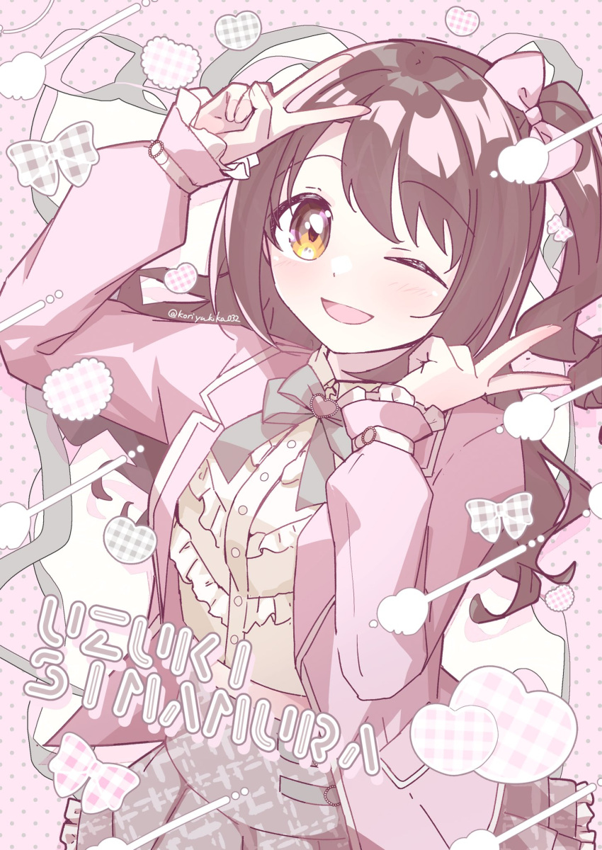 1girl, blush, bow, bowtie, brown_hair, double_v, highres, idolmaster