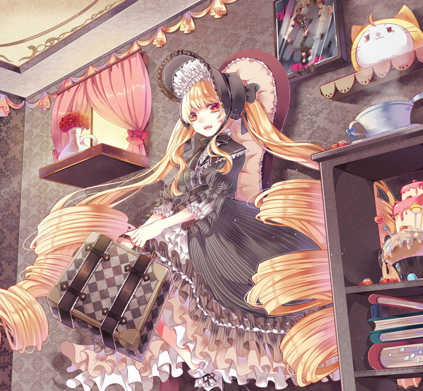 1girl, ankle_ribbon, black_bonnet, black_bow, black_bowtie, black_capelet, black_dress, black_footwear, black_ribbon, blonde_hair, blunt_bangs, bonnet, book, book_stack, bow, bowtie, bright_pupils, cake, capelet, cup, dress, drill_hair, feet_out_of_frame, flower, food, frilled_capelet, frilled_dress, frilled_headwear, frilled_sleeves, frilled_socks, frills, hat, hat_bow, highres, holding, holding_suitcase, indoors, leg_ribbon, light_particles, lolita_fashion, long_dress, long_hair, long_sleeves, looking_at_viewer, maiden's_romance_(miracle_nikki), miracle_nikki, momo_(nikki), nikki_(series), on_chair, open_mouth, orange_eyes, painting_(object), picture_frame, puffy_long_sleeves, puffy_sleeves, red_flower, red_rose, ribbon, rose, saucer, shelf, shoes, sidelocks, sitting, sleeve_bow, sleeves_past_elbows, smile, socks, solo, steam, striped_bow, striped_clothes, striped_dress, stuffed_animal, stuffed_cat, stuffed_toy, suitcase, teacup, teeth, twin_drills, twintails, upper_teeth_only, vase, vertical-striped_clothes, vertical-striped_dress, very_long_hair, wavy_hair, white_pupils, white_socks, youzi_xia