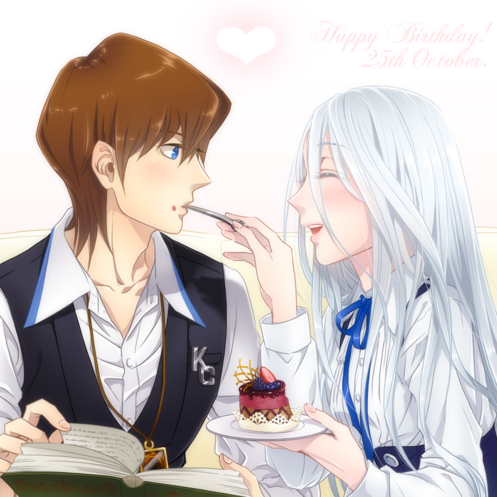 1girl, asai_yuichi, blue_eyes, blue_hair, book, brown_hair, cake, card