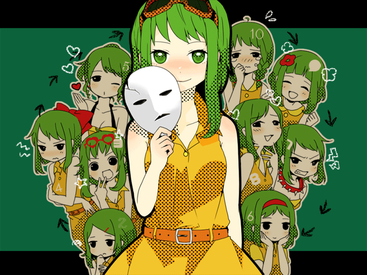 blush, glasses, green_eyes, green_hair, gumi, juu_mensou_(vocaloid), kanitama_(putyourhead), multiple_persona