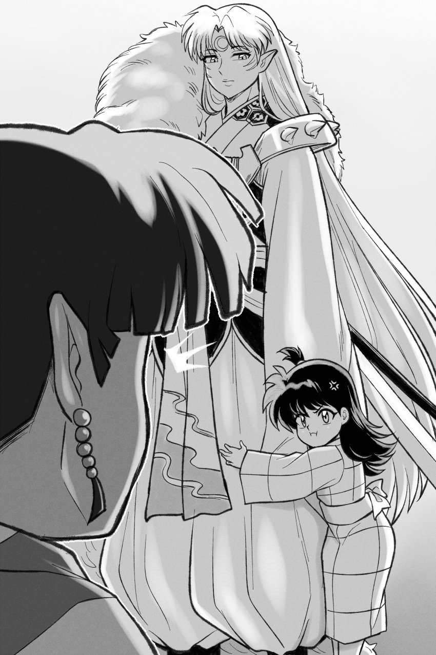 1boy, 2girls, absurdres, aldharoku, crescent, facial_mark, forehead_mark, greyscale, highres, inuyasha, japanese_clothes, kagura_(inuyasha), kimono, long_hair, looking_at_viewer, monochrome, multiple_girls, parted_bangs, pointy_ears, puffy_pants, rin_(inuyasha), sesshoumaru, sword, very_long_sleeves, weapon