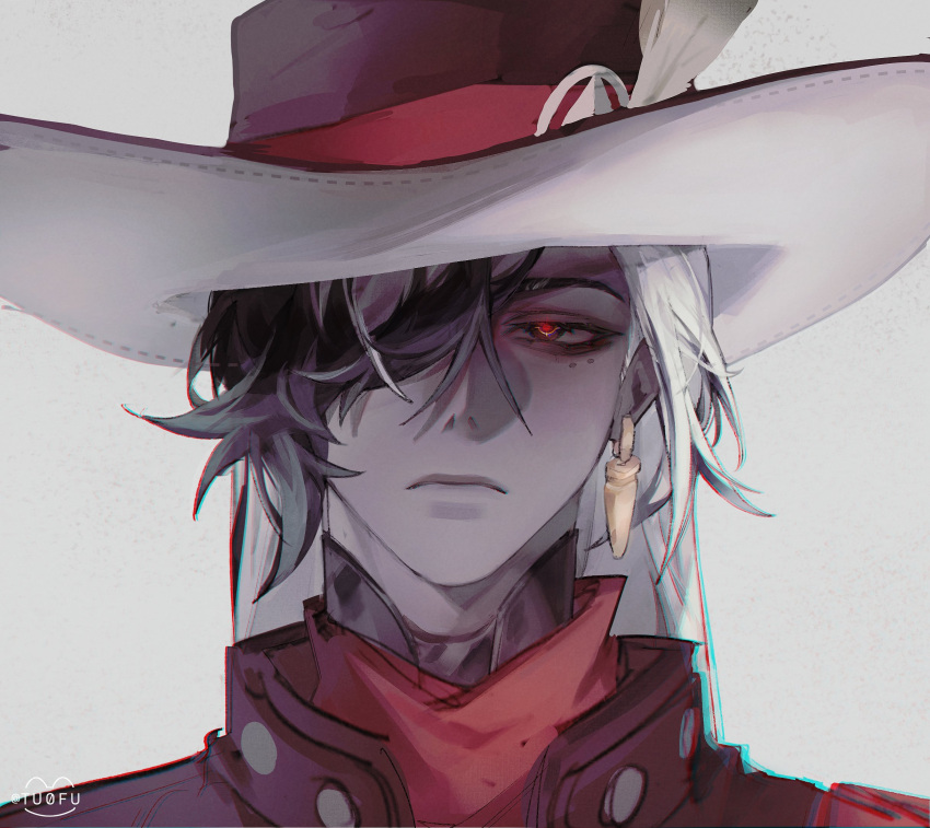 1boy, black_hair, black_jacket, boothill_(honkai:_star_rail), bullet_earrings, closed_mouth, cowboy, earrings