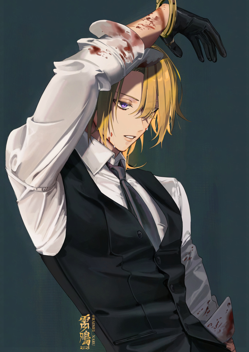 absurdres, arm_up, black_gloves, black_necktie, black_vest, blonde_hair, blood, blood_on_arm