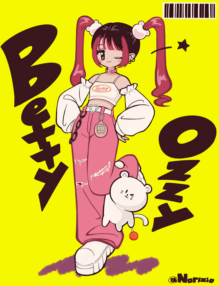 1girl, animal, artist_name, barcode, bell-bottoms, belt, betty_&amp;_ozzy_(norixio), black_hair
