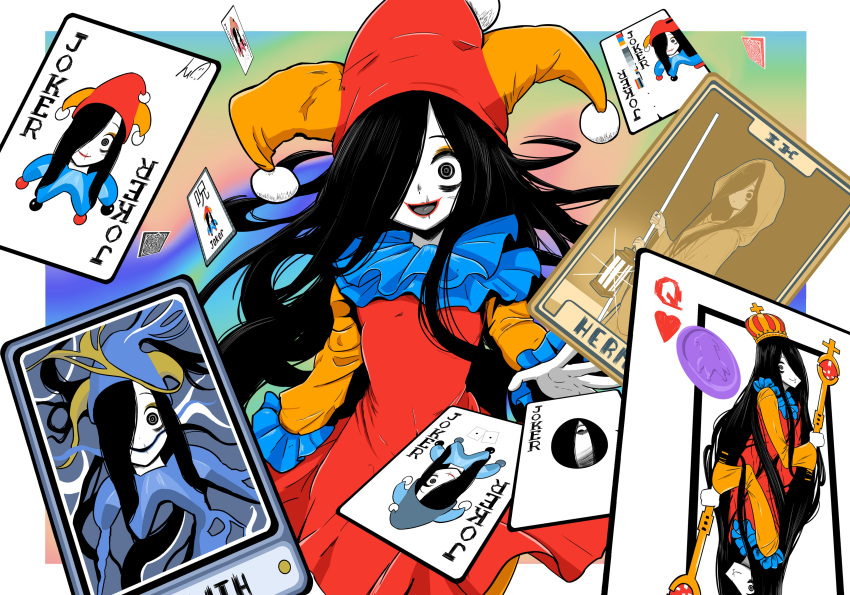 1girl, absurdres, balatro, black_eyes, black_hair, breasts, card, colored_skin, frills, hair_over_one_eye, hat, highres, jester_cap, joker_(playing_card), leotard, long_hair, long_sleeves, looking_at_viewer, lughost, open_mouth, playing_card, queen_(playing_card), red_lips, solo, tarot, tarot_card, the_ring, very_long_hair, white_skin, yamamura_sadako