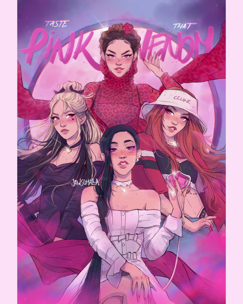 4girls, artist_name, bare_shoulders, black_hair, blackpink, blonde_hair, braid, brown_hair