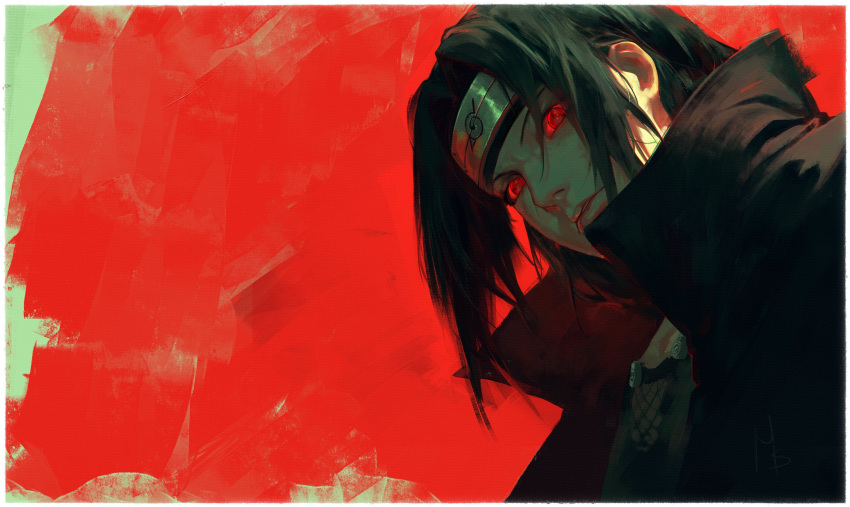 1boy, akatsuki_uniform, black_hair, black_shirt, border, closed_mouth, faux_traditional_media, forehead_protector