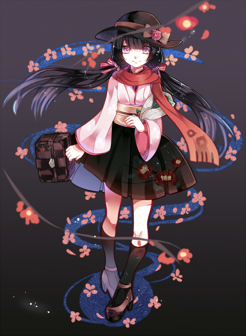 1girl, bag, black_background, black_hair, black_hat, black_skirt, black_socks, blunt_bangs, bouquet, bow, brown_bag, brown_footwear, checkered_bag, closed_mouth, floating_clothes, floating_hair, floral_print, flower, full_body, gentle_toona_(miracle_nikki), grey_bow, hair_bow, handbag, hat, hat_bow, hat_flower, high_heels, holding, holding_bag, holding_bouquet, japanese_clothes, kimono, kneehighs, light_particles, long_hair, long_sleeves, looking_at_viewer, low_twintails, miniskirt, miracle_nikki, nikki_(series), petals, pink_flower, pink_kimono, pleated_skirt, pumps, red_bow, red_flower, red_scarf, scarf, short_kimono, skirt, smile, socks, solo, standing, straight-on, striped_bow, sun_hat, twintails, very_long_hair, violet_eyes, wide_sleeves, youzi_xia