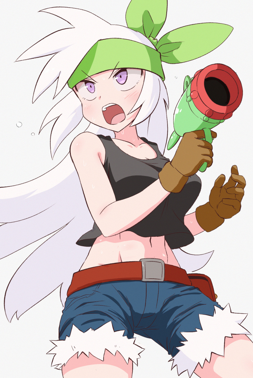 1girl, abs, bandana, belt, black_tank_top, brown_gloves, cowboy_shot, crop_top