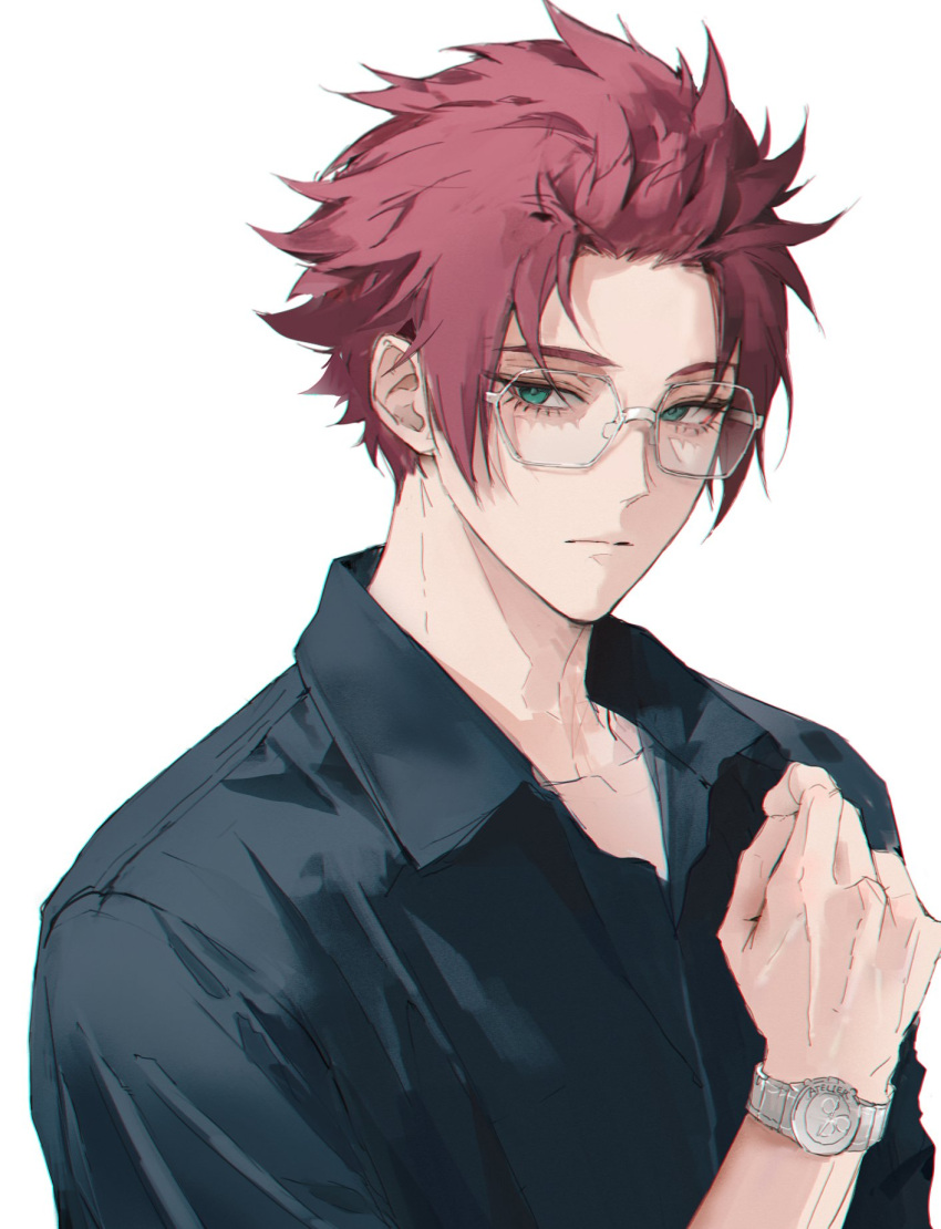 1boy, ateli_er, black_shirt, blue_lock, closed_mouth, collared_shirt, glasses, green_eyes, highres, itoshi_sae, male_focus, portrait, red_hair, shirt, short_hair, simple_background, solo, watch, watch, white_background