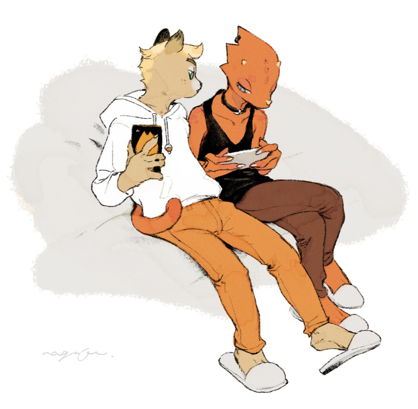 2boys, animal_crossing, animal_ears, arms_up, bare_shoulders, beaver_boy, beaver_ears, black_choker