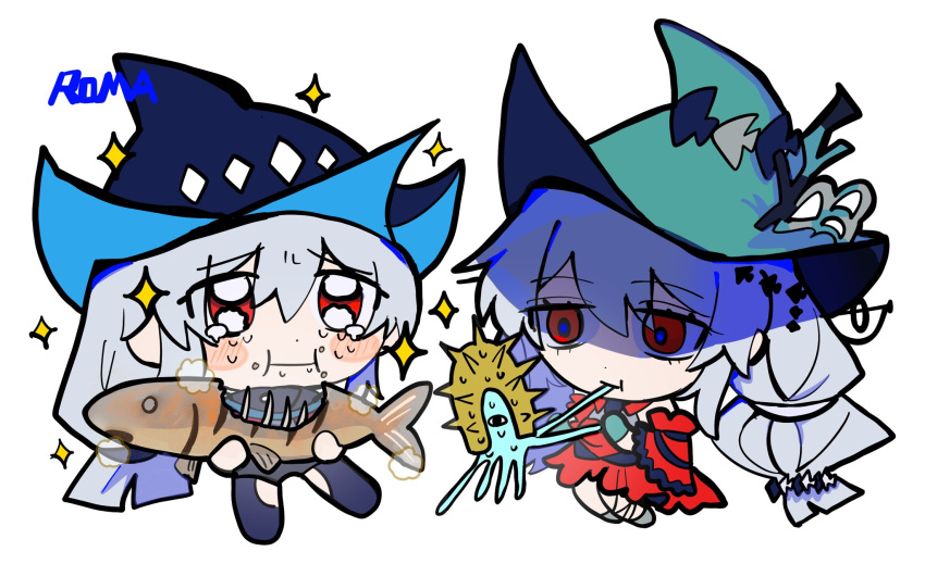 2girls, :t, arknights, blue_hat, blue_pupils, blush_stickers, chibi, crying, dress, eating, food, green_hat, hat, highres, holding, holding_food, multiple_girls, nethersea_spewer_(arknights), pointy_hat, red_dress, red_eyes, ro0o003, shaded_face, signature, simple_background, skadi_(arknights), skadi_the_corrupting_heart_(arknights), white_background