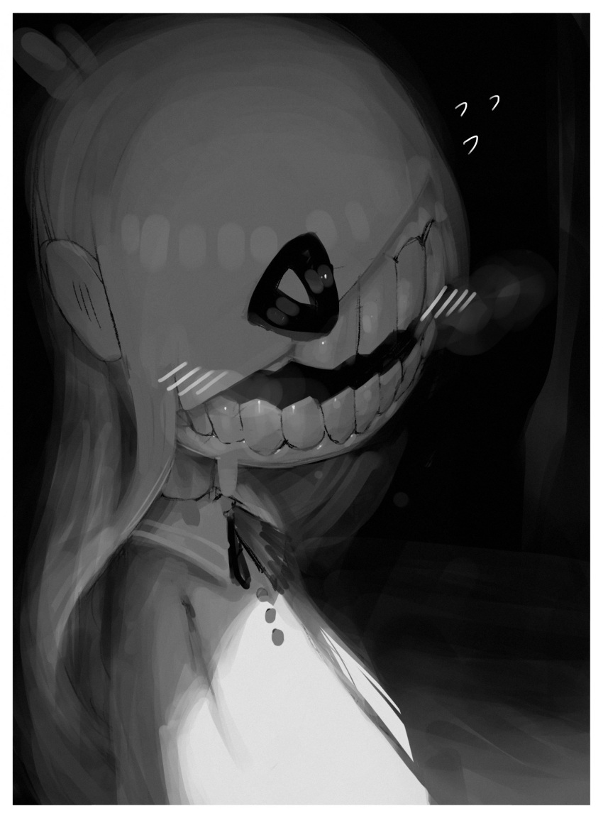 1girl, big_mouth, blush, body_horror, border, greyscale, highres, long_hair