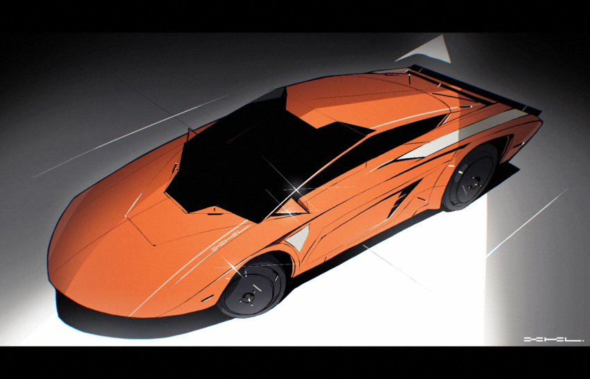 black_border, border, car, from_above, highres, motor_vehicle, no_humans, orange_car