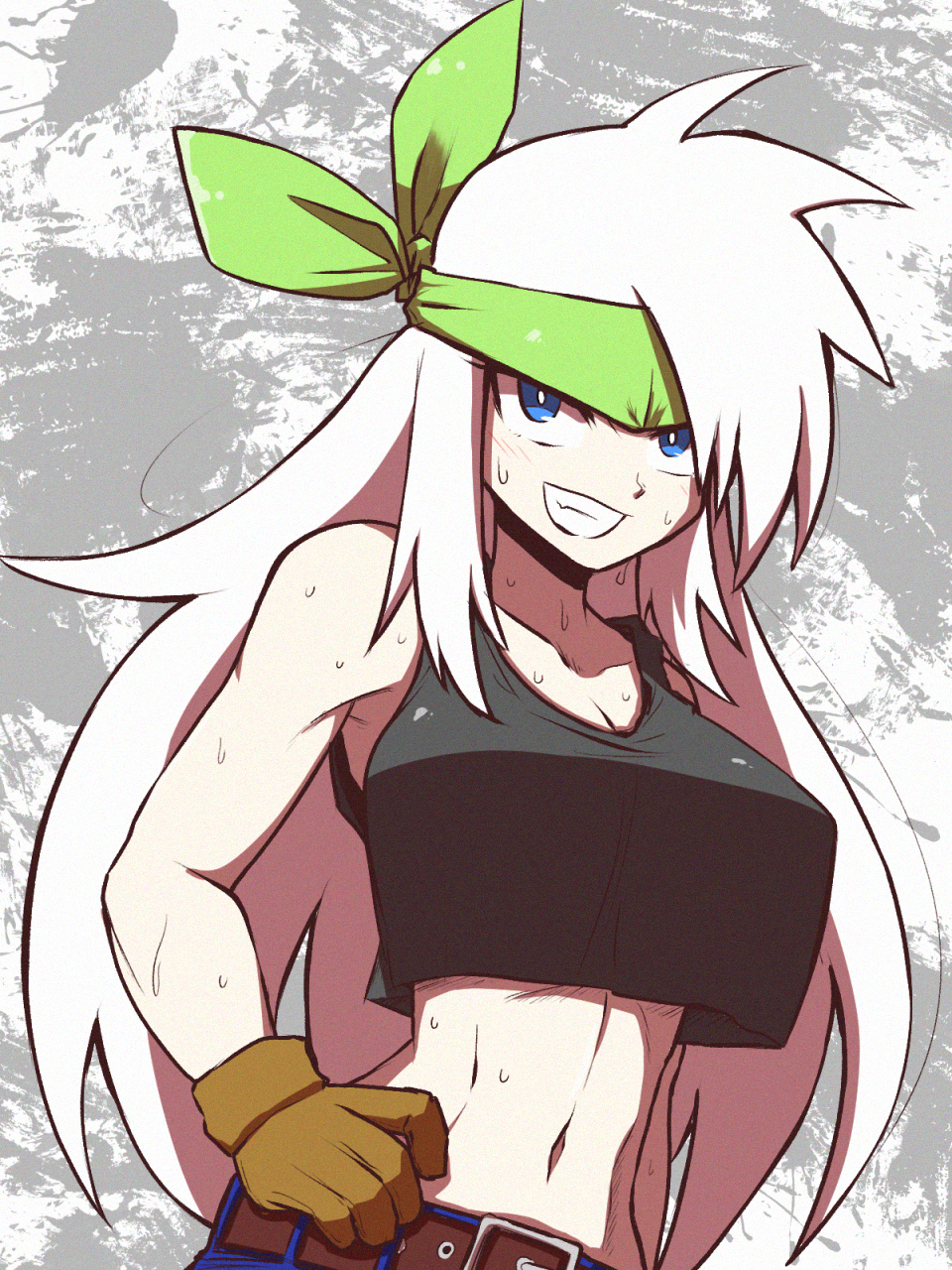 1girl, bandana, bandana_over_eyes, belt, black_tank_top, blue_eyes, breasts, brown_belt, brown_gloves, commentary_request, crop_top, gloves, green_bandana, grin, hand_on_own_hip, highres, kirby:_right_back_at_ya, kirby_(series), kurachi_mizuki, large_breasts, long_hair, marble_background, midriff, muscular, muscular_female, navel, personification, sirica_(kirby), smile, solo, spiky_hair, sweat, tank_top, upper_body, very_long_hair, white_hair