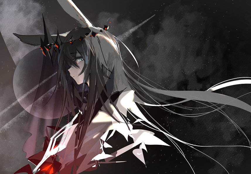 1girl, amiya_(is5)_(arknights), animal_ears, arknights, blue_eyes, closed_mouth, commentary, floating_crown, greyscale, hamha_s, long_hair, monochrome, rabbit_ears, rabbit_girl, solo, spot_color, veil