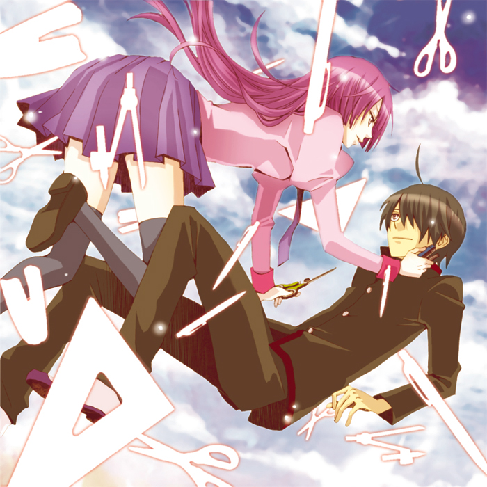 bakemonogatari, black_hair, brown_eyes, compass_(instrument), compasses, falling, hair_over_one_eye, haruko_(another)