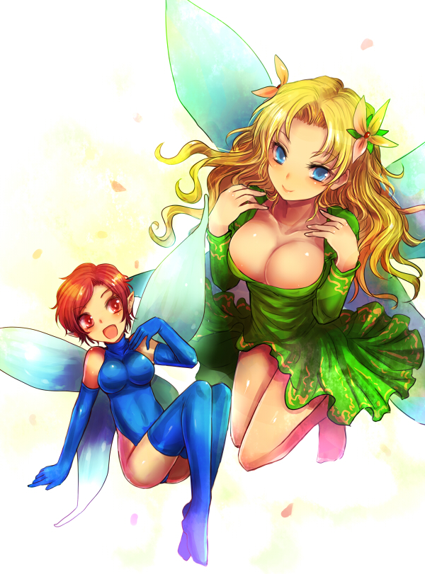 barefoot, blonde_hair, blue_eyes, blue_legwear, boots, breasts, brown_hair, cleavage