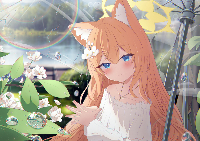 1girl, alternate_costume, animal_ear_fluff, animal_ears, bare_shoulders, blue_archive, blue_eyes, blurry