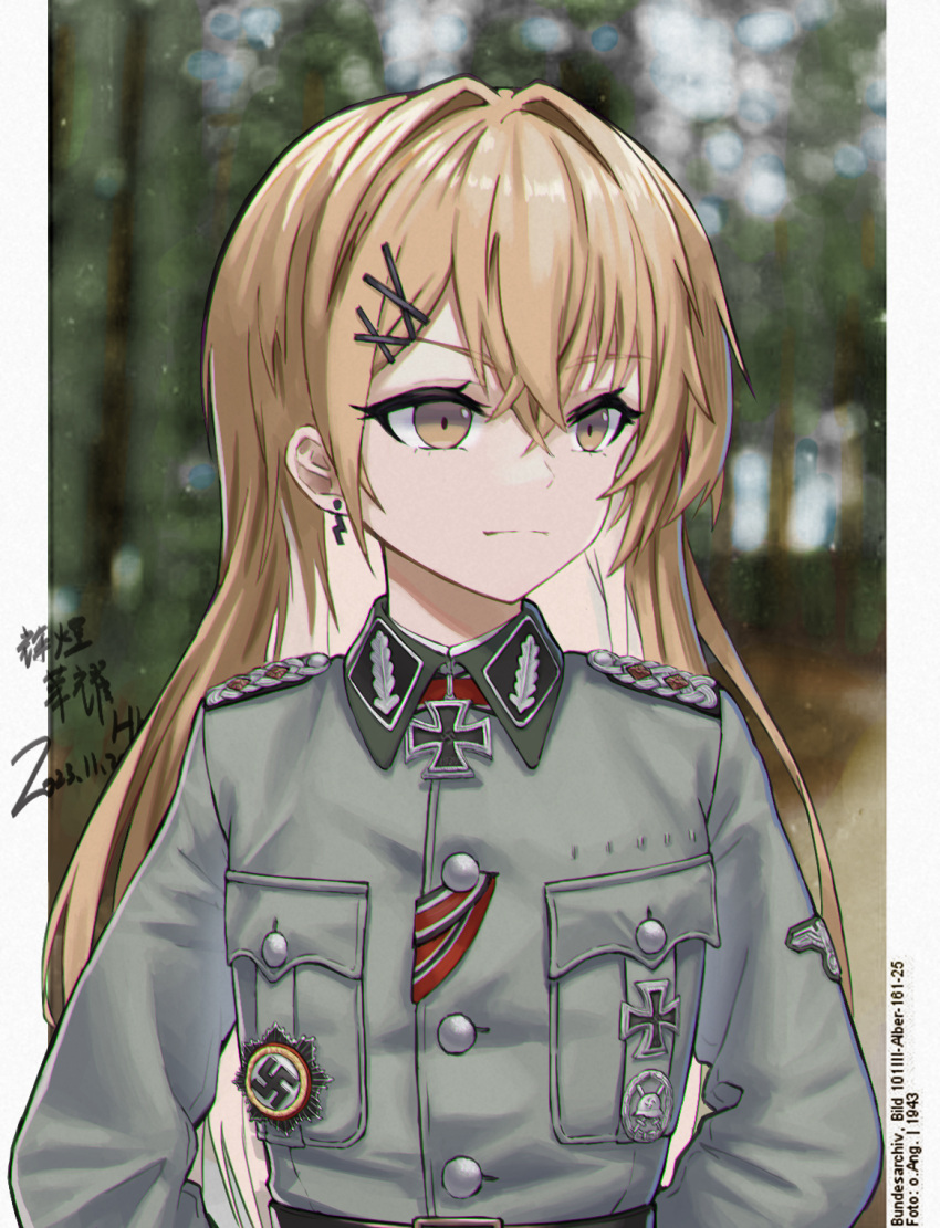 1girl, badge, belt, blonde_hair, blurry, buttons, closed_mouth, collar_tabs