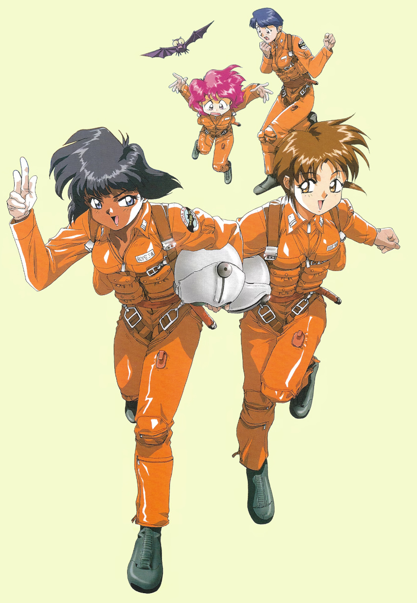 1990s_(style), 4girls, aozora_shoujotai, black_footwear, black_hair, blue_hair, brown_eyes, brown_hair
