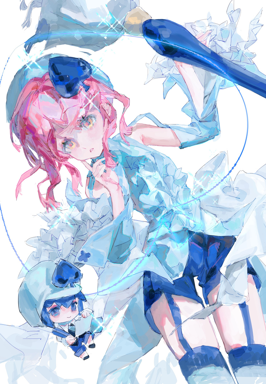 2girls, absurdres, amulet_spade, amulet_spade_(cosplay), blue_hair, blue_hat, blue_shirt, blue_shorts