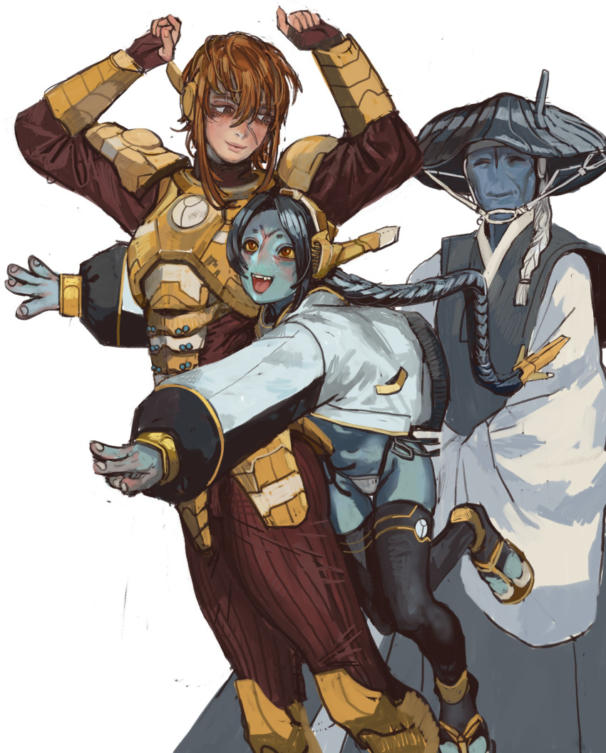 1boy, 2girls, absurdres, alien, armor, battlesuit, black_hair, blue_skin