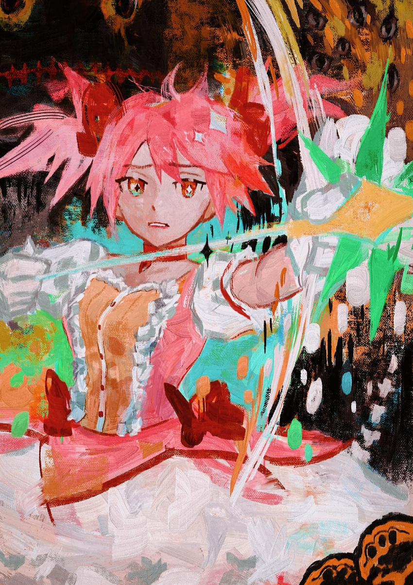 +_+, 1girl, arrow_(projectile), black_background, bow, bow_(weapon), bright_pupils, clenched_teeth