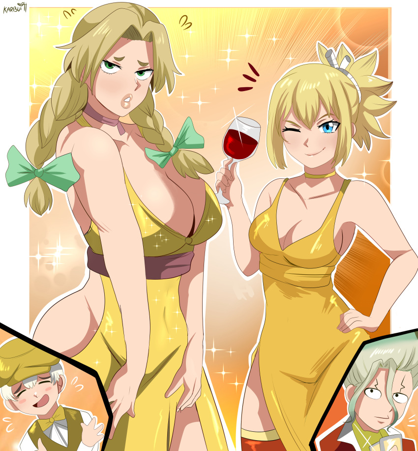2boys, 2girls, absurdres, alcohol, blonde_hair, blue_eyes, cup, dr._stone