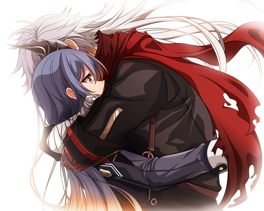 1boy, 1girl, absurdres, bandaged_arm, bandages, black_coat, blue_hair, coat, commentary, commission, eiyuu_densetsu, english_commentary, hajimari_no_kiseki, highres, hug, ishmelga_rean, jessica_schleiden, karlken, long_hair, rean_schwarzer, school_uniform, tearing_up, thors_military_academy_branch_campus_uniform, violet_eyes, white_hair