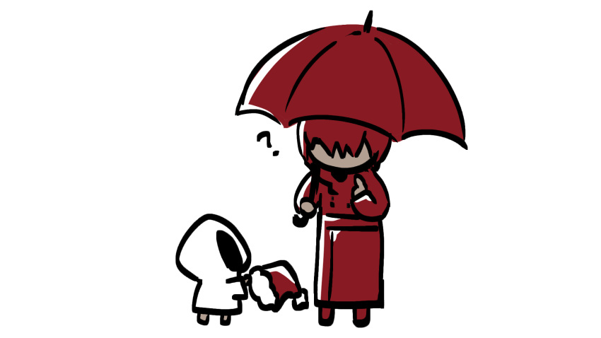 1boy, 1girl, ?, coat, commentary_request, full_body, giving, hat, heroine_(homicipher), highres, holding, holding_umbrella, homicipher, mr._scarletella, official_style, pla_vtuber, pointing, pointing_at_self, raincoat, red_coat, red_hair, red_umbrella, santa_hat, short_hair, simple_background, umbrella, white_background, white_raincoat