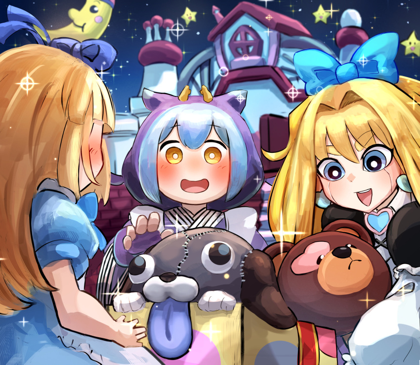 3girls, blonde_hair, blue_hair, blue_kimono, box_of_friends, commission, doll, doll_joints