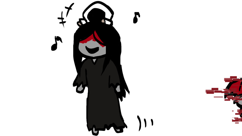 +++, 1girl, 2boys, aged_down, black_hair, black_kimono, blood, blood_on_face, child, glitch, heroine_(homicipher), highres, holding, holding_umbrella, homicipher, japanese_clothes, kimono, mr._crawling, mr._scarletella, multiple_boys, music, musical_note, official_style, on_head, person_on_head, pla_vtuber, raincoat, red_umbrella, simple_background, singing, umbrella, walking, white_background, white_raincoat