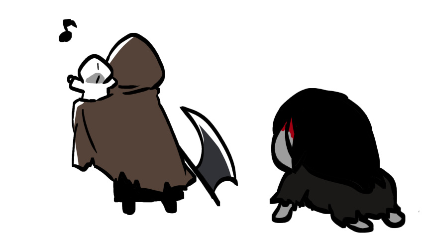 1girl, 2boys, aged_down, axe, black_hair, black_kimono, brown_cloak, carrying