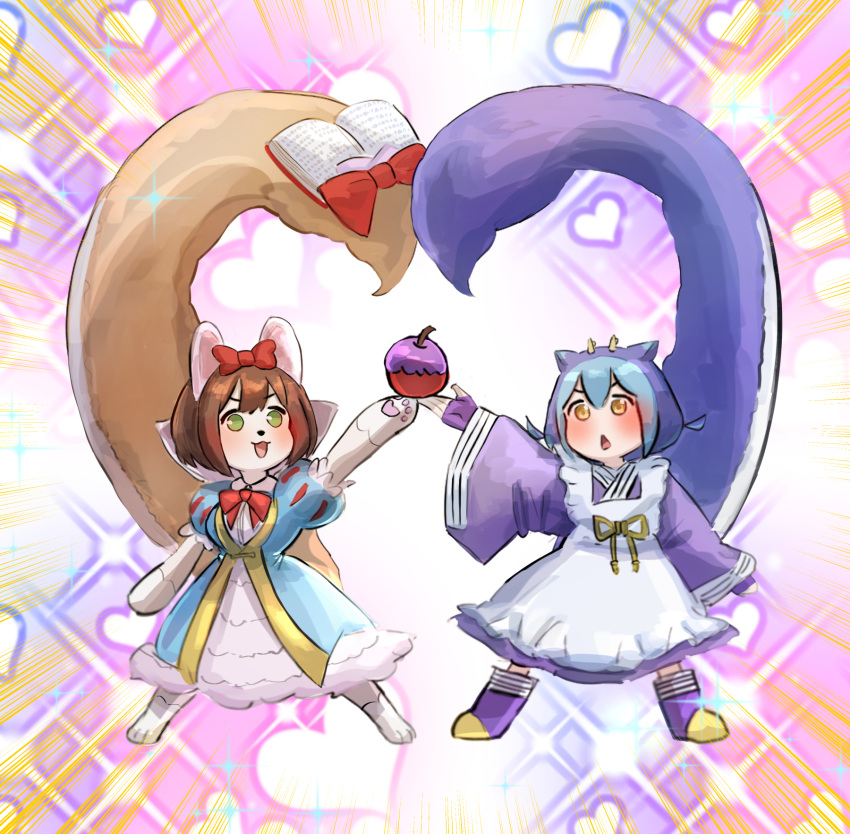 2girls, apron, blue_dress, blue_hair, blue_kimono, book, brown_hair, commission