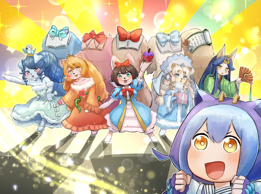 6+girls, blue_hair, book, commission, dog_girl, dragon_girl, dress, duel_monster