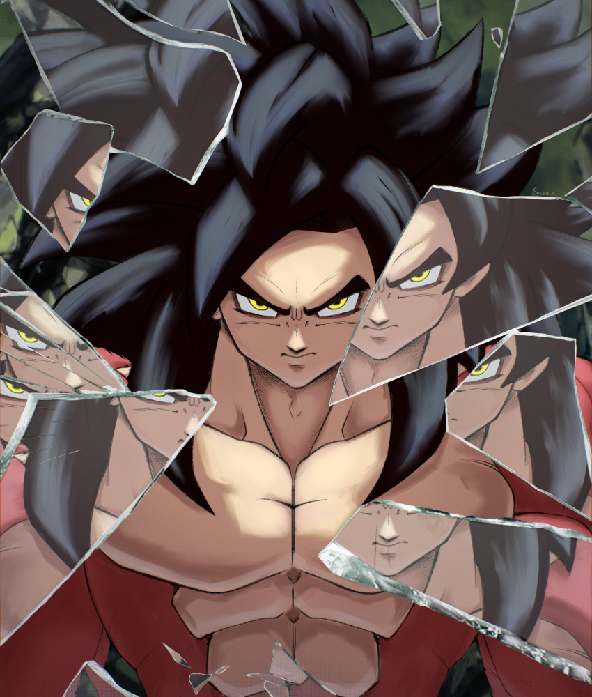 1boy, abs, absurdres, black_hair, body_fur, broken_glass, dragon_ball, dragon_ball_gt, glass, highres, long_hair, male_focus, muscular, muscular_male, red_fur, reflection, solo, son_goku, spiky_hair, super_saiyan, super_saiyan_4, sydoria, topless_male, upper_body, yellow_eyes