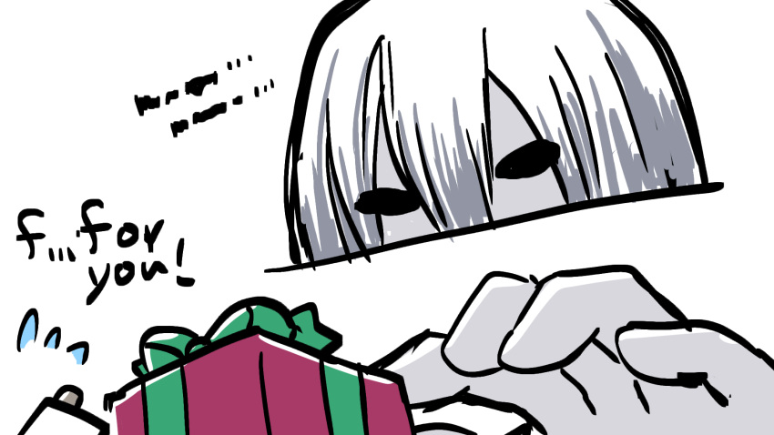 1boy, 1girl, black_eyes, box, christmas, commentary_request, english_text, giant