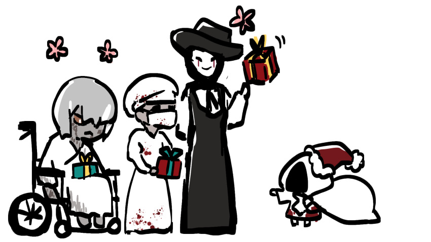 2boys, 2girls, blood, blood_on_clothes, box, christmas, commentary_request, dress