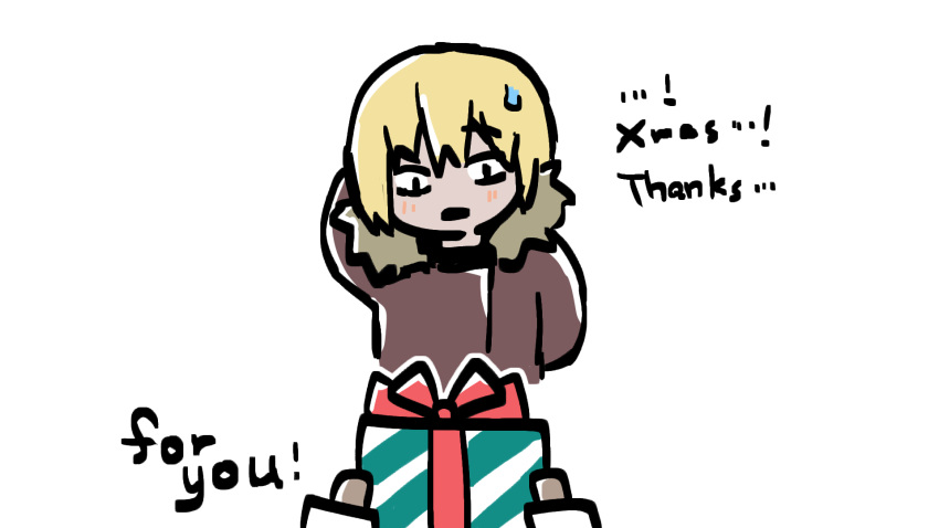 1boy, 1girl, arm_behind_head, black_eyes, blonde_hair, blush, box, brown_jacket