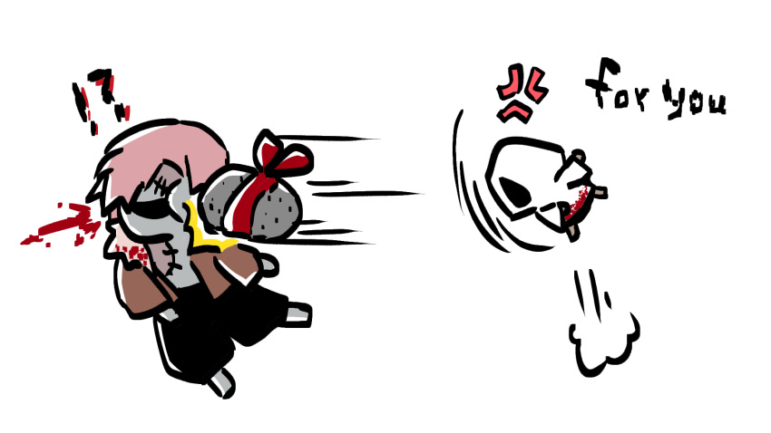 !?, 1boy, 1girl, anger_vein, bleeding, blood, blood_on_clothes, brown_jacket