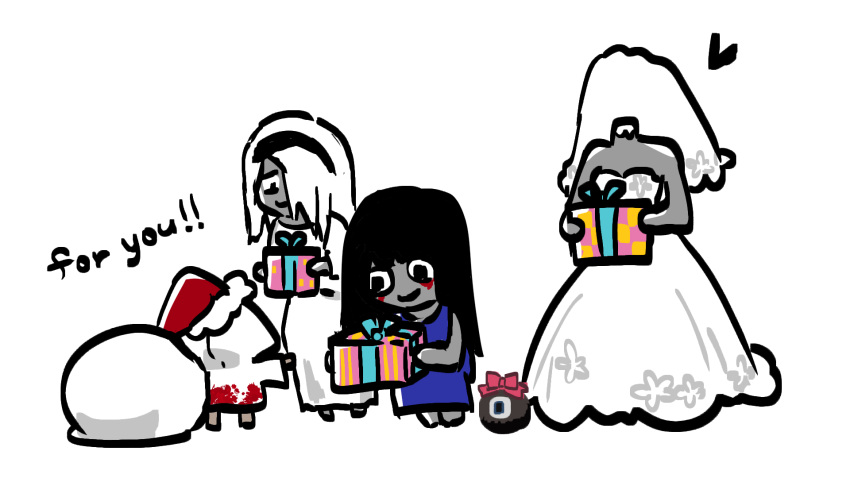 4girls, black_eyes, black_hair, blood, blood_from_eyes, blood_on_clothes, blue_dress, box