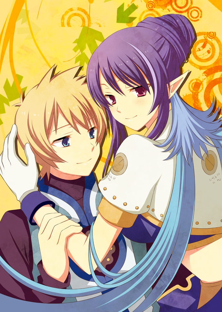1girl, ayamisiro, blonde_hair, blue_eyes, blue_hair, flynn_scifo, gloves, goves, judith, pointy_ears, red_eyes, tales_of_(series), tales_of_vesperia, yellow_background