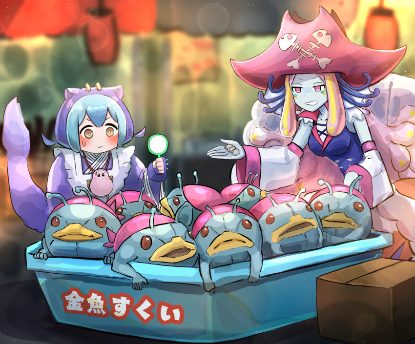 2girls, blue_hair, blue_kimono, blue_skin, box, cardboard_box, colored_skin, creature